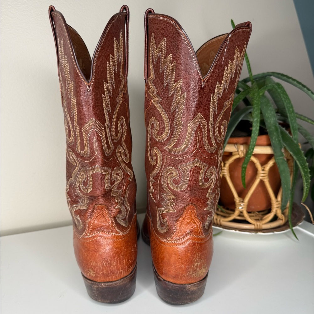 Lucchese Ostrich Leather Cowboy Boots Mens 9D Brown Western Ranch USA Made - Picture 3 of 13